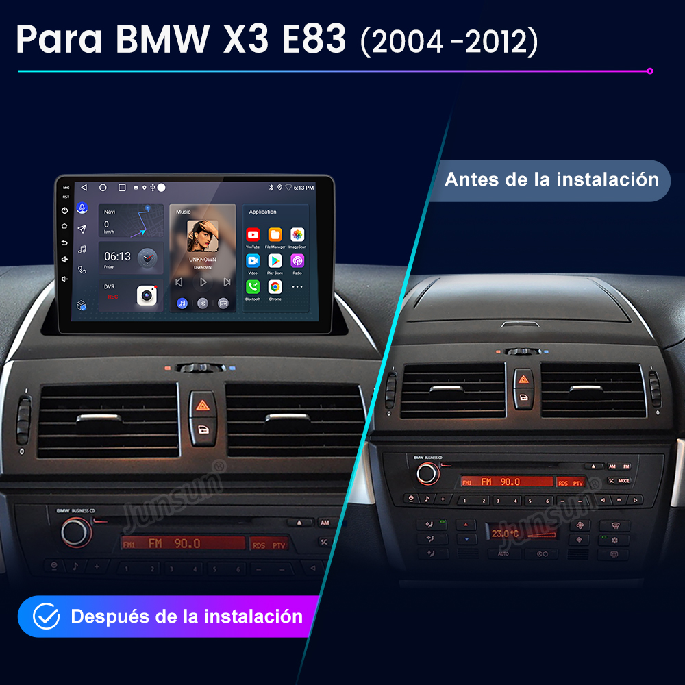 Pantalla multimedia del coche que muestra antes y después de la instalación. La pantalla instalada es negra.