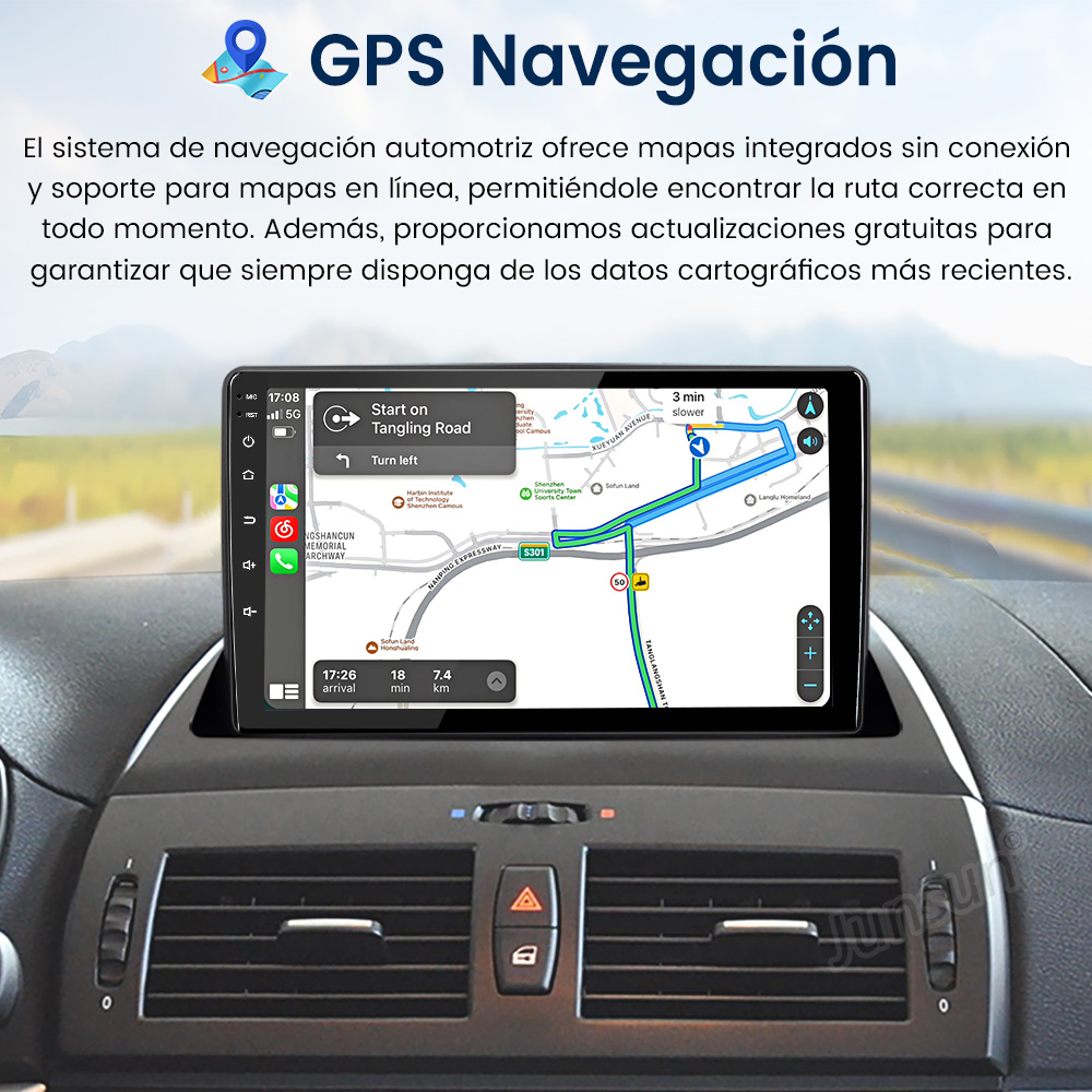 Panel de instrumentos del coche con la pantalla del estéreo mostrando un mapa GPS con navegación. Visible el tablero.