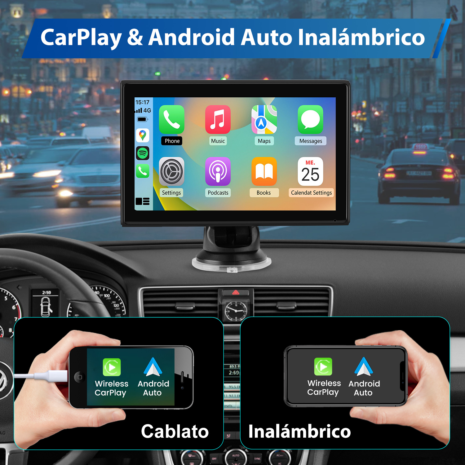 Pantalla CarPlay y Android Auto con iconos de teléfono y aplicaciones, con opciones cableadas e inalámbricas.