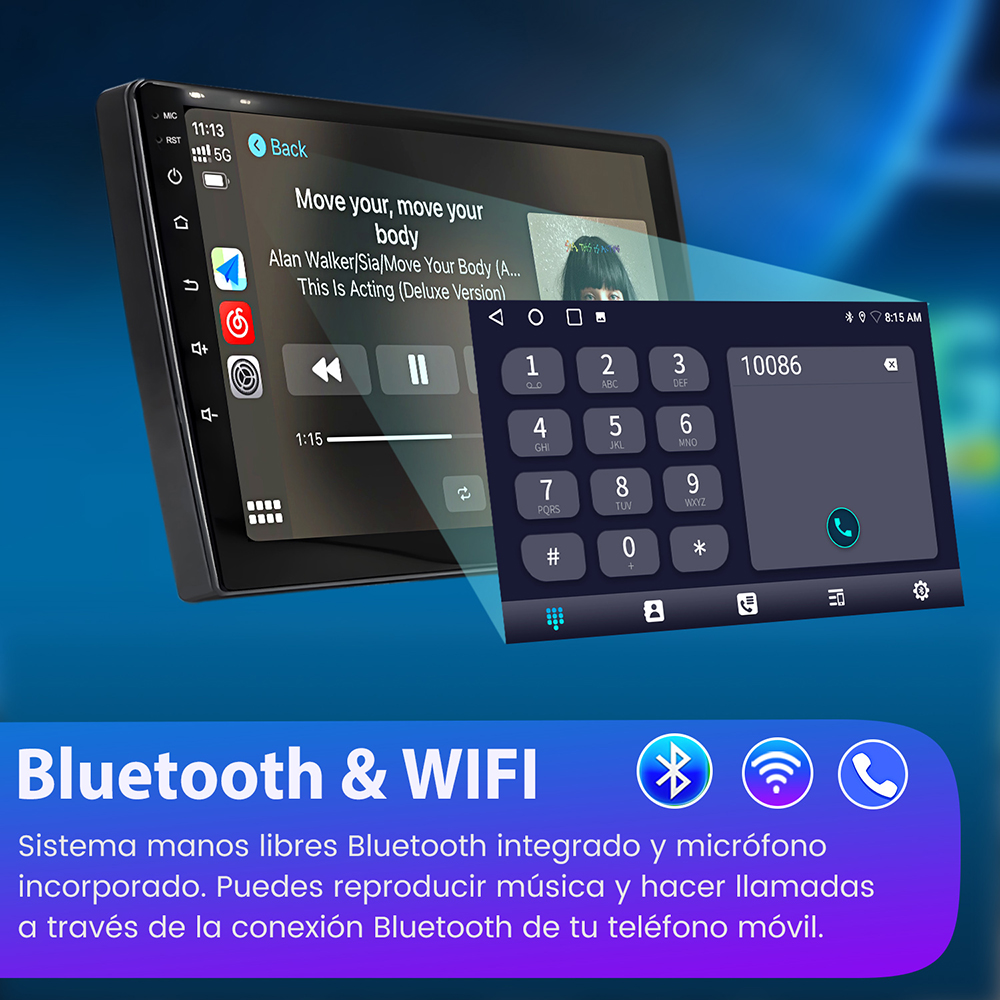 Pantalla del coche que muestra controles de música e interfaz de marcador telefónico. Iconos de Bluetooth y WiFi.