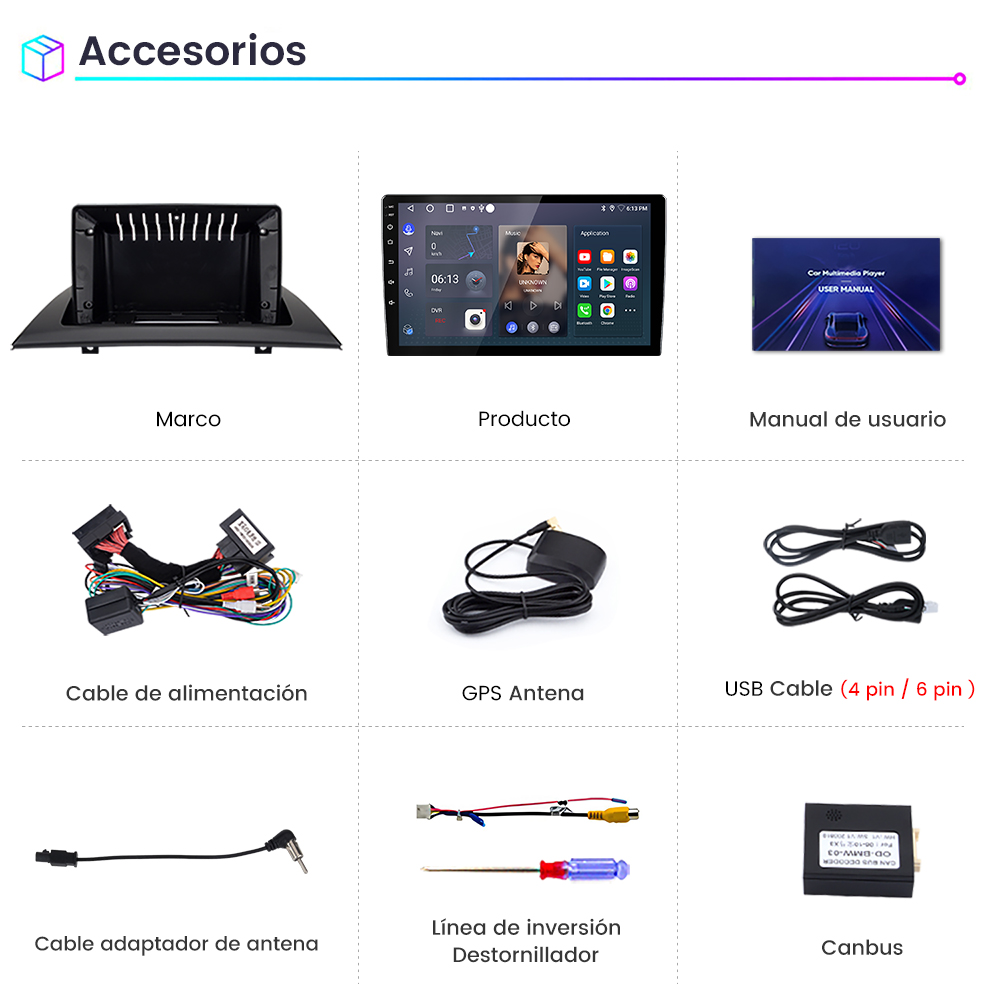 Varios accesorios para automóviles mostrados sobre un fondo blanco. Incluye un marco, producto, manual y cables.