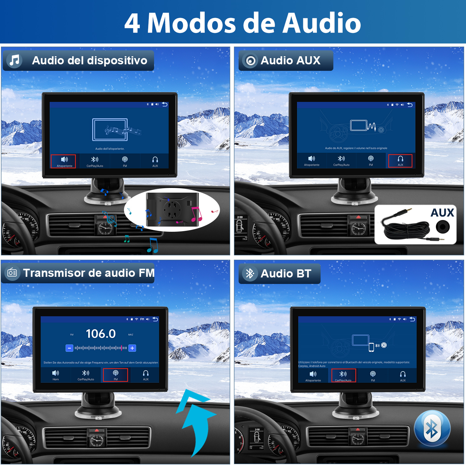 Cuatro pantallas de coche mostrando diferentes modos de audio: audio del dispositivo, AUX, transmisor FM y audio BT.