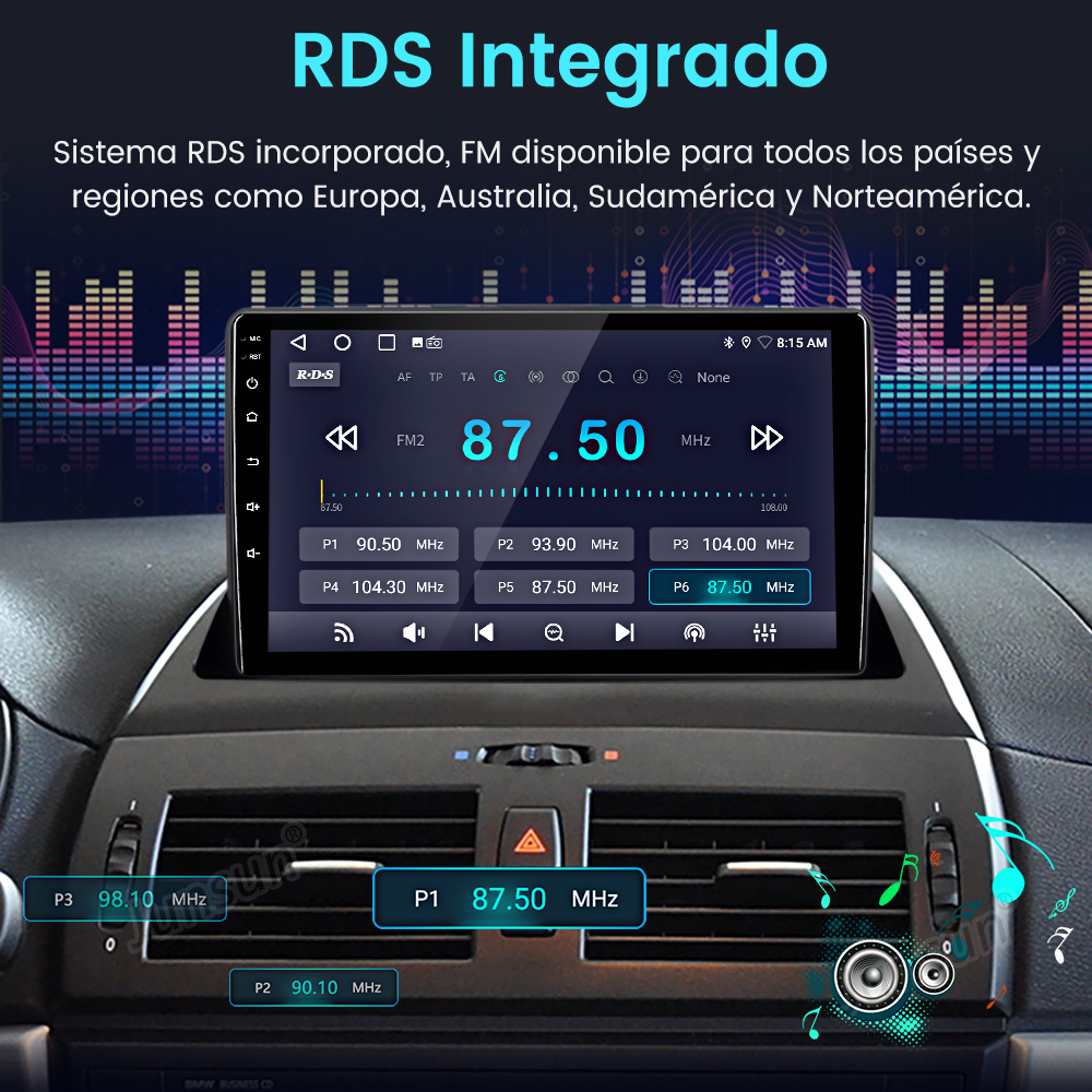 Pantalla del estéreo del coche mostrando información de radio y un tablero. Muestra información de emisoras.