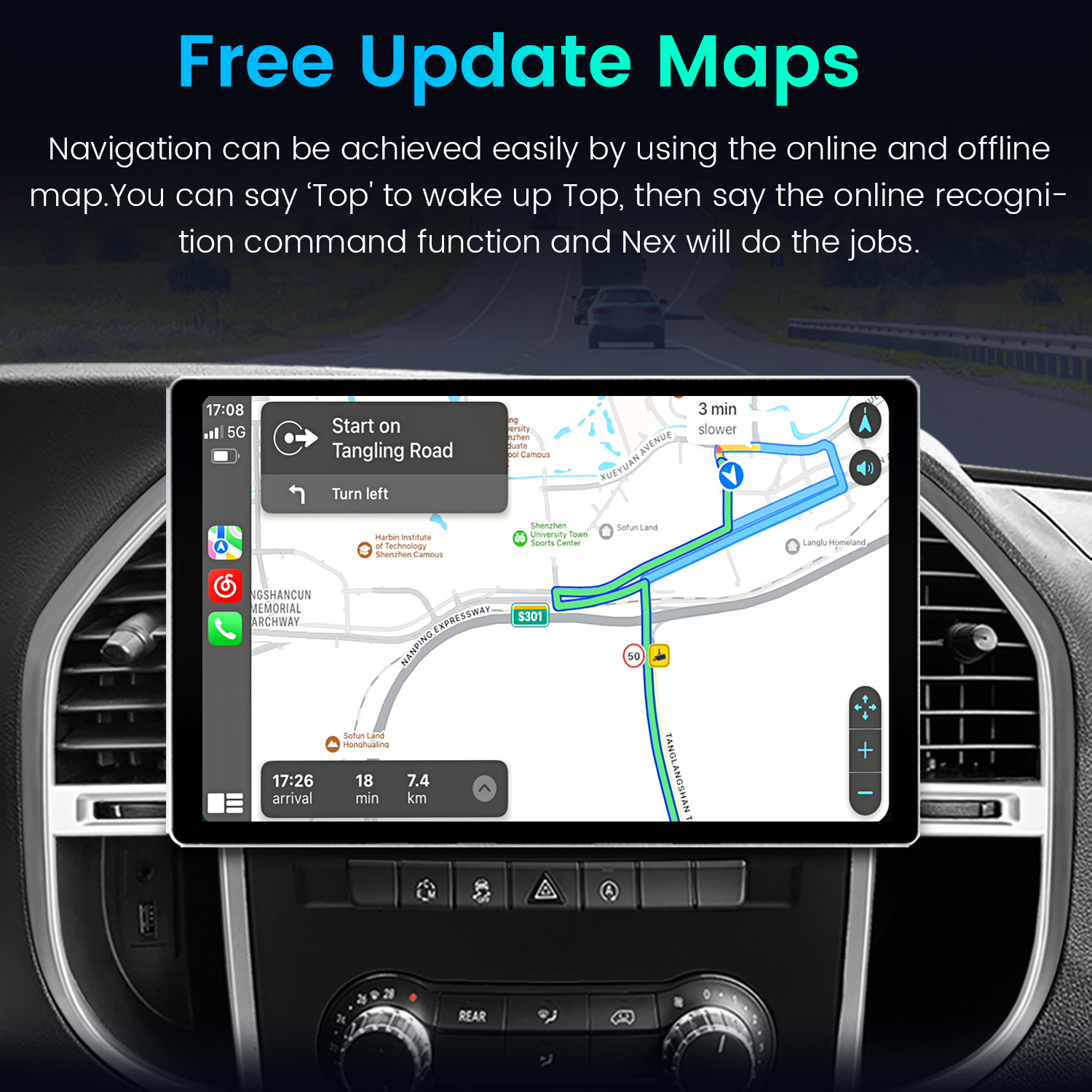 Pantalla de estéreo de coche mostrando un mapa GPS con indicaciones de navegación. Visible el tablero circundante.