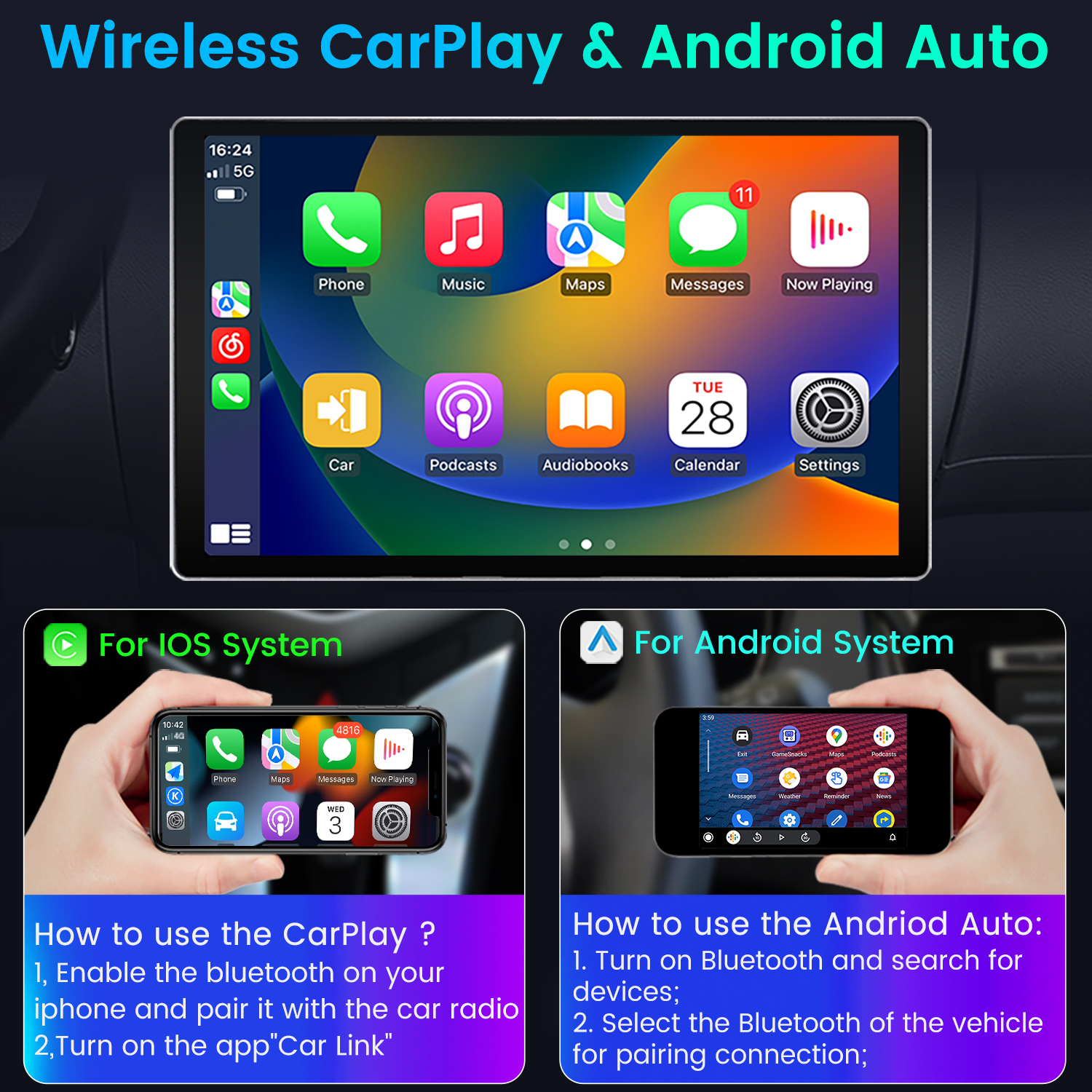 Pantalla del estéreo del coche mostrando CarPlay inalámbrico y Android Auto. Dos pantallas pequeñas muestran detalles.