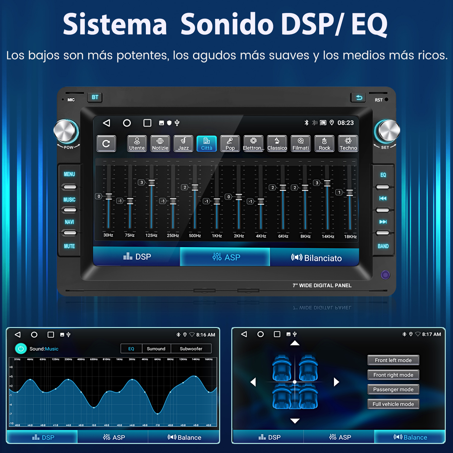 Pantalla del estéreo del coche que muestra la configuración del ecualizador y los controles de audio. Muestra ajustes de frecuencia y opciones de audio.