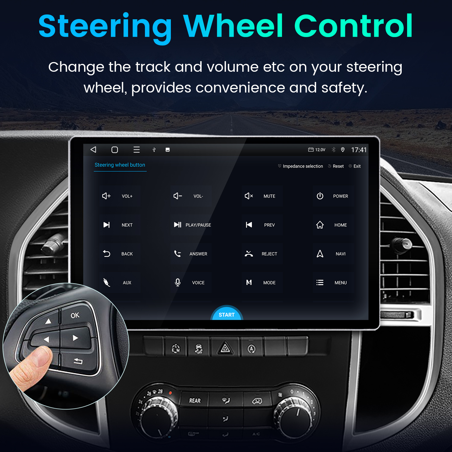 Panel del coche con pantalla que muestra controles de navegación, música y ajustes.
