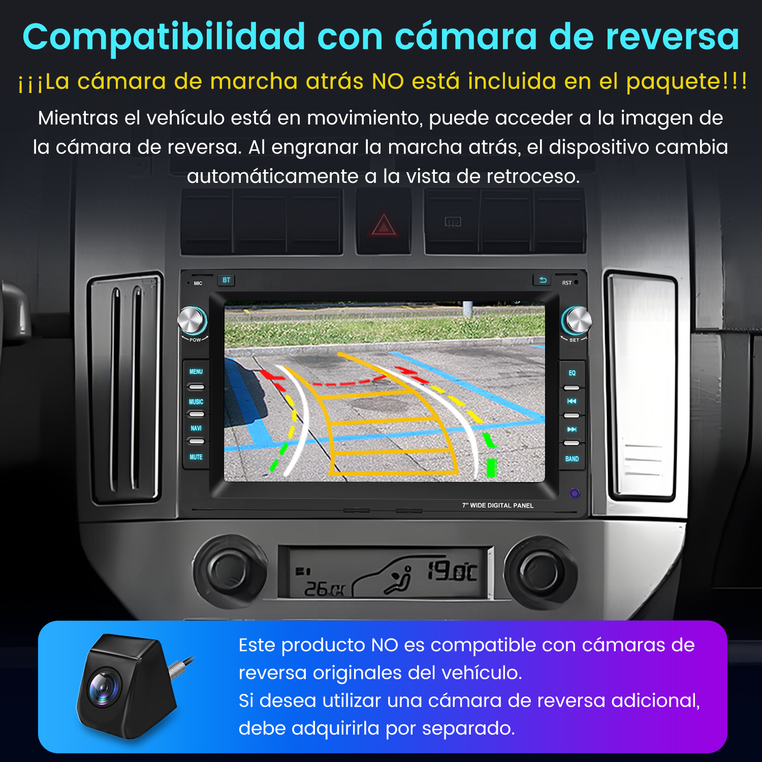 Pantalla del estéreo del coche mostrando la vista de la cámara de marcha atrás. Muestra el área detrás del coche con guías de aparcamiento.