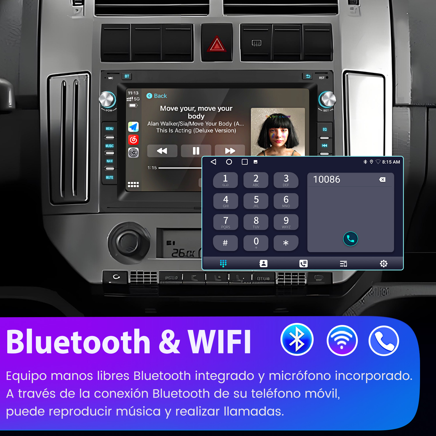 Pantalla del estéreo del coche mostrando un menú telefónico y un teclado. Muestra controles de música también.