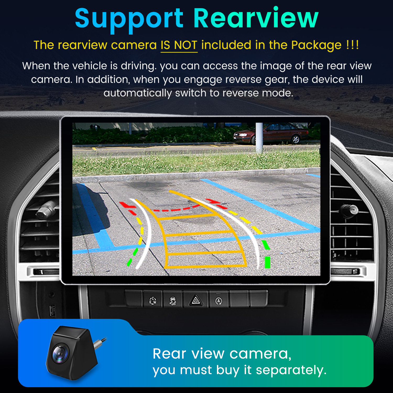 Salpicadero de coche con pantalla estéreo mostrando la imagen de la cámara de visión trasera. Muestra la vista detrás del coche.
