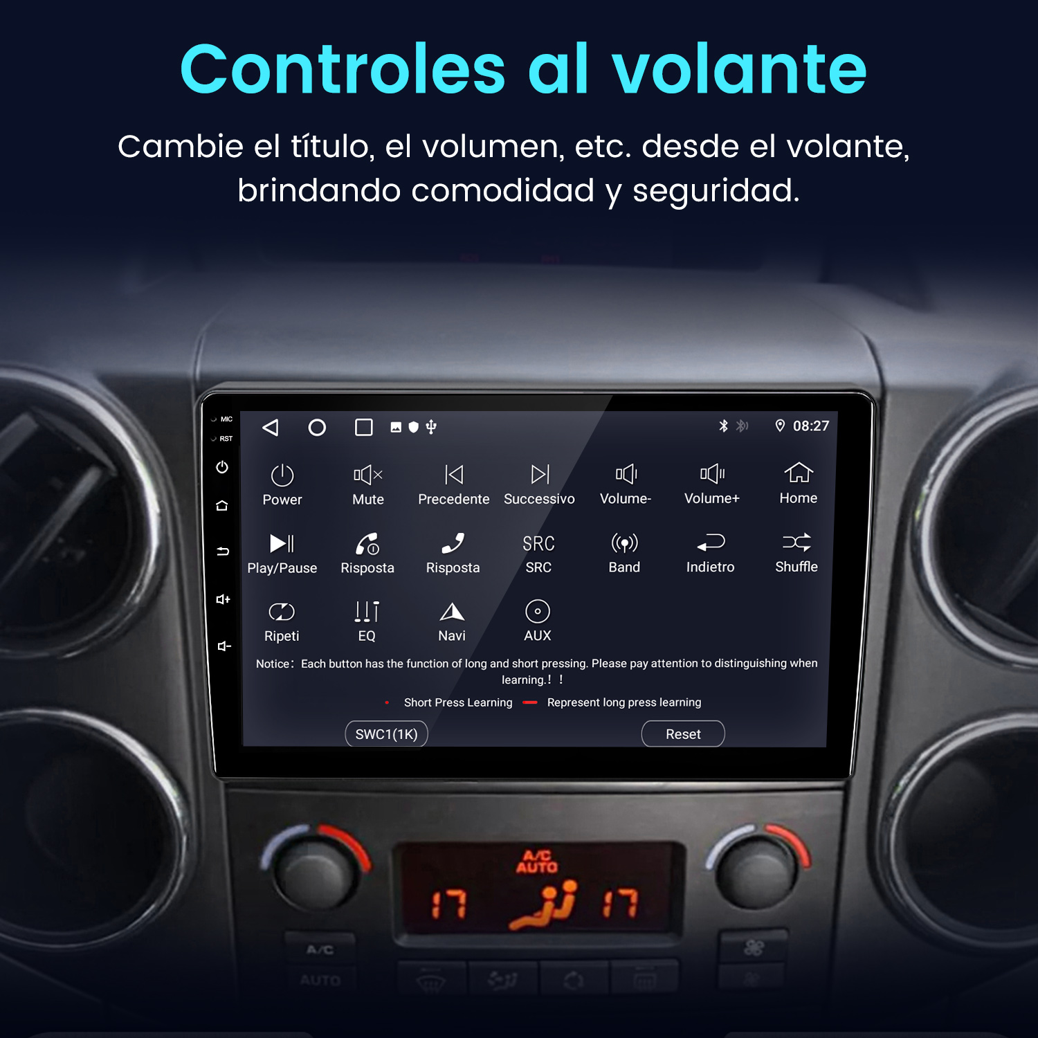Interfaz de radio de coche con controles. La pantalla muestra opciones. Texto: Controles al volante.