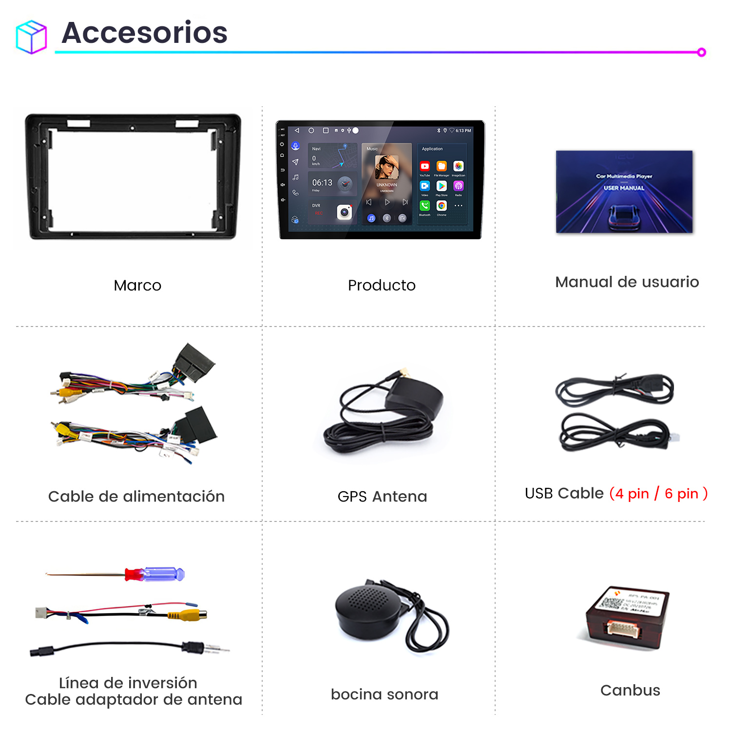 Nueve accesorios para un estéreo de coche, que incluyen un marco, pantalla del producto, manual de usuario, cables, antena GPS y altavoz.
