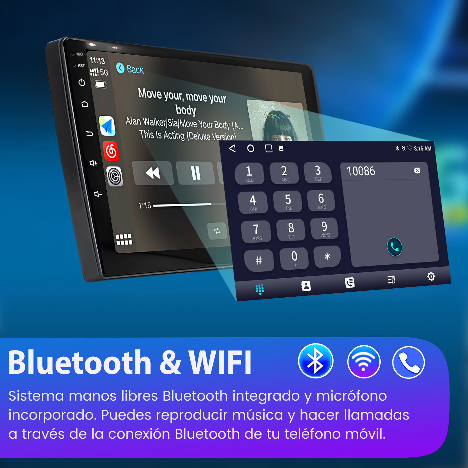 Pantalla de radio del coche con música. Muestra funciones Bluetooth y WiFi. Superposición de un marcador telefónico.