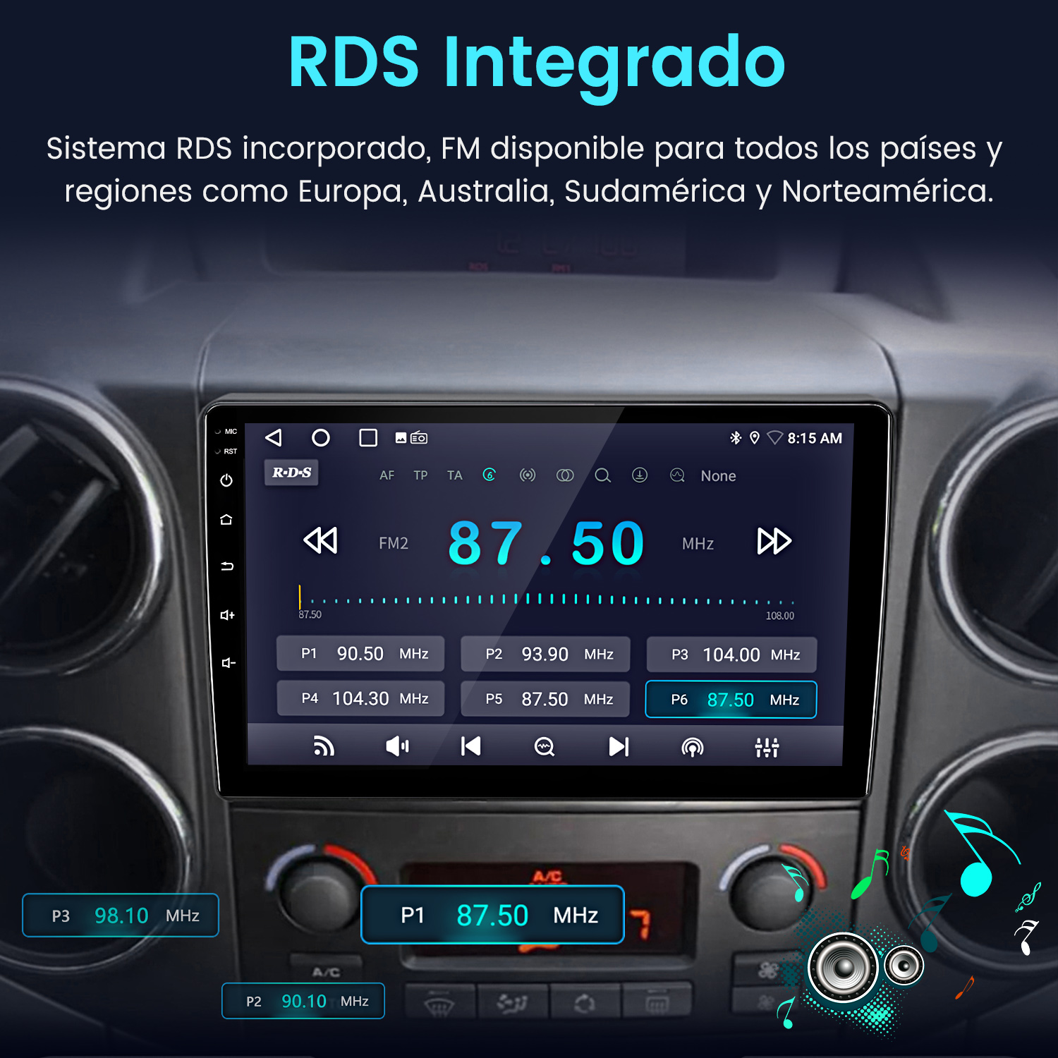 Pantalla de radio del coche que muestra la interfaz de radio FM. Muestra la frecuencia y la información RDS. Texto: RDS Integrado.