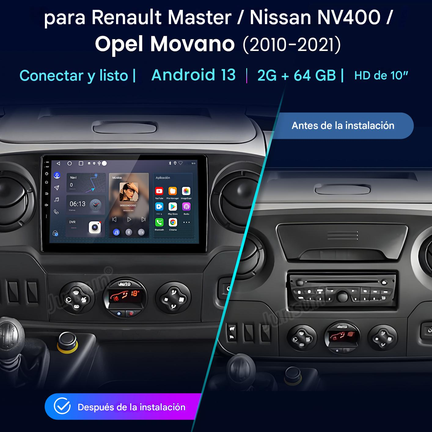 Salpicadero de coche con pantalla estéreo mostrando una interfaz de aplicación. La comparación de instalación muestra el antes y el después.
