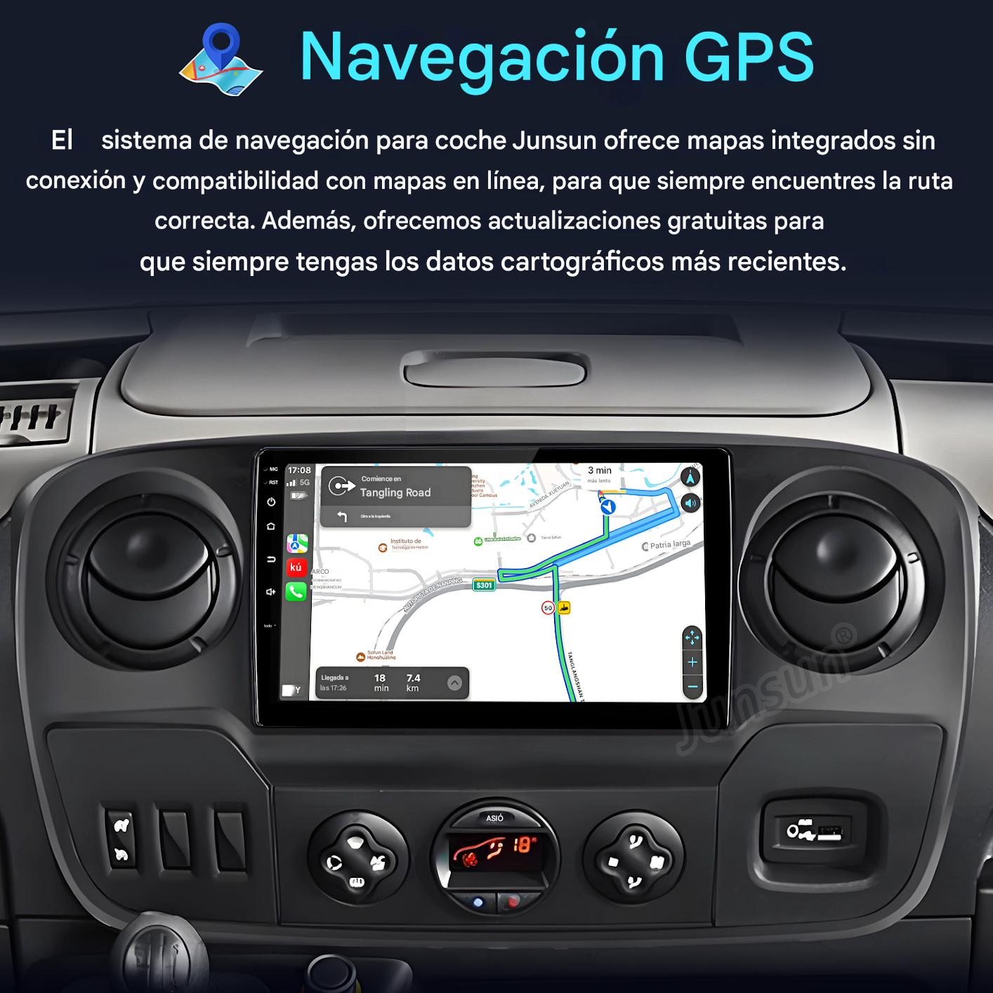Pantalla de radio del coche que muestra un mapa de navegación GPS. Texto: Navegación GPS.