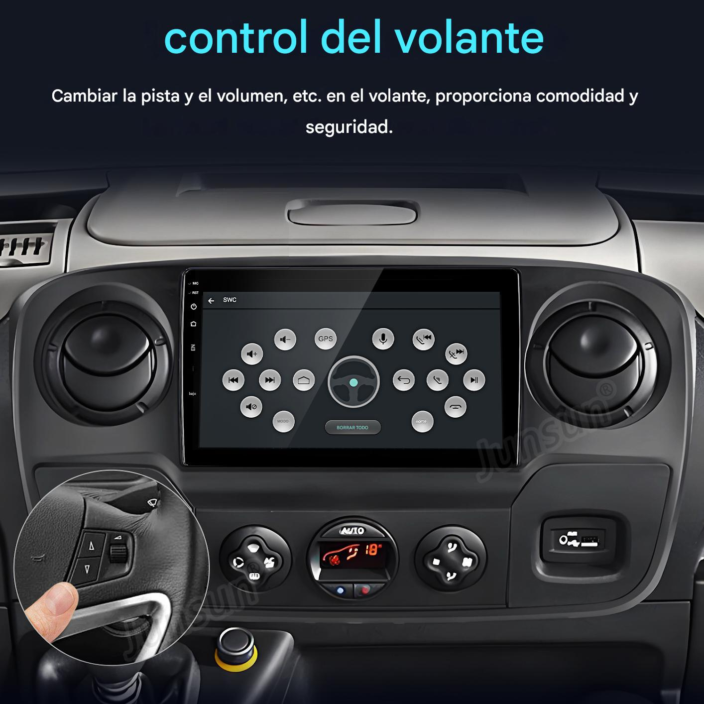 Radio de coche con mandos en el volante. Mano usando el botón del volante. Texto: control del volante.