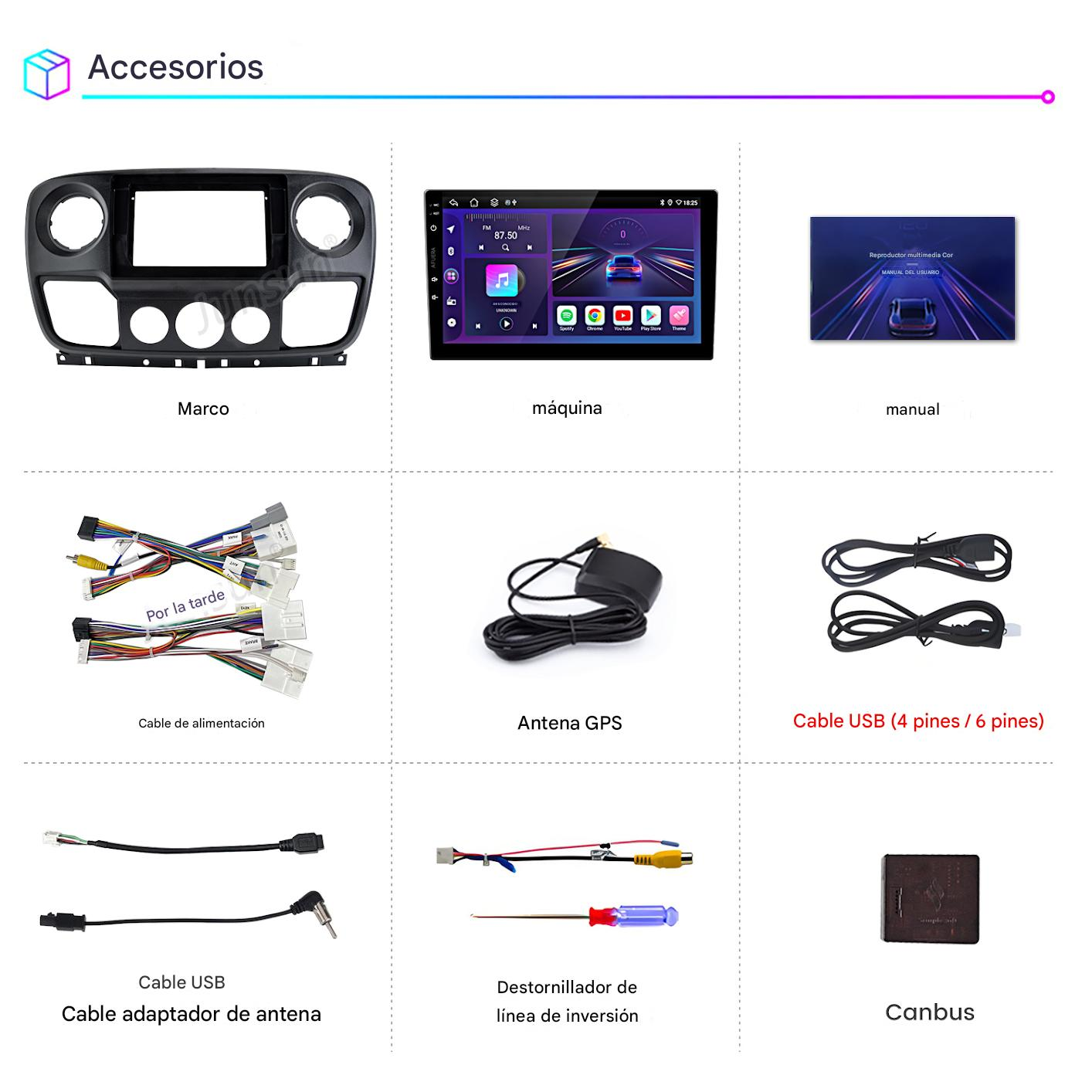 Accesorios para la instalación de la radio del coche. Incluye marco, pantalla, cables, antena GPS y manual del usuario.