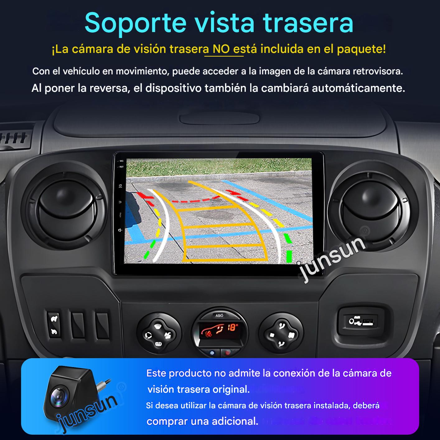 Pantalla de radio del coche que muestra una vista de la cámara de visión trasera. Texto: Soporte vista trasera.