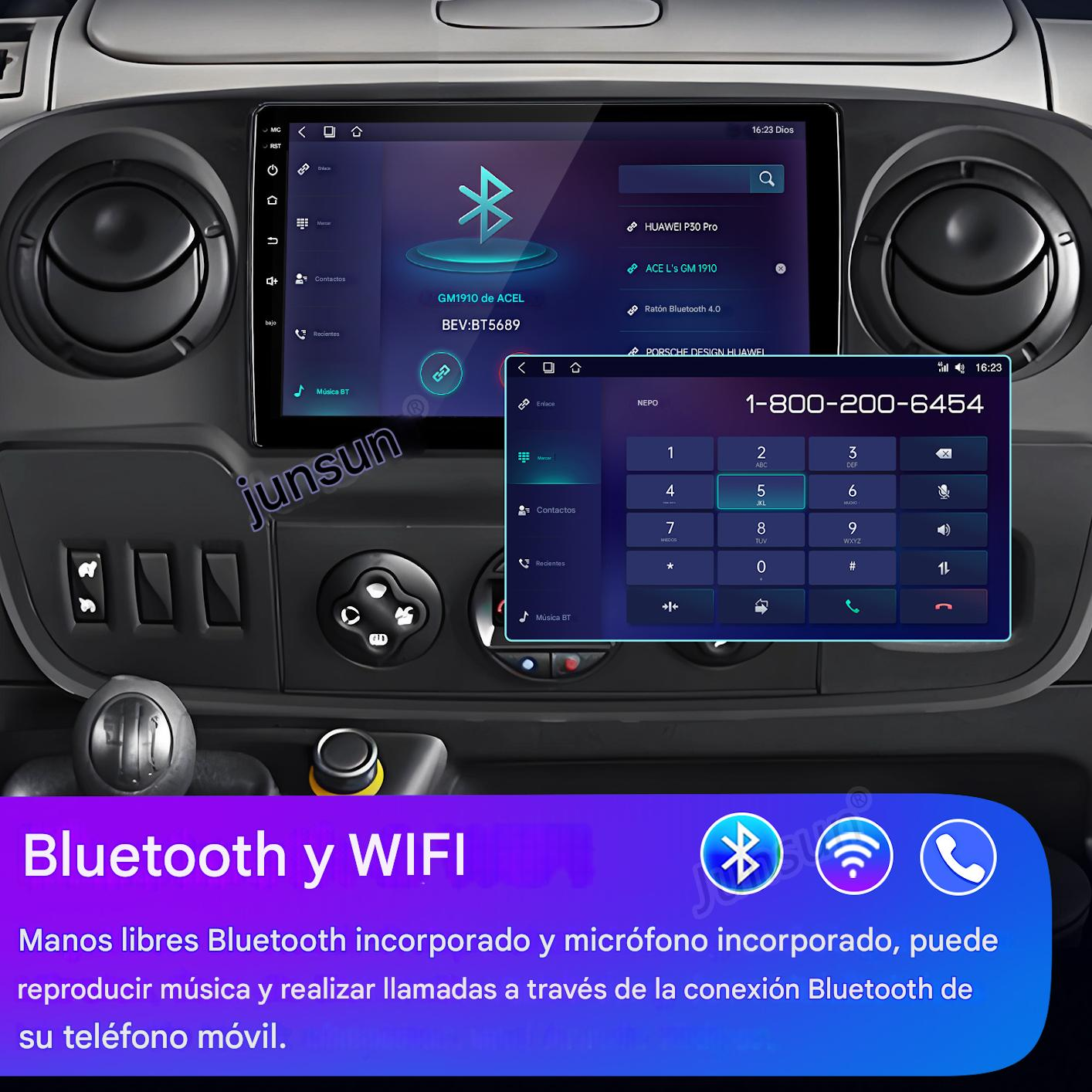 Estéreo de coche con funciones Bluetooth y WiFi. Pantalla muestra dispositivos Bluetooth y un marcador telefónico. Interior del coche.