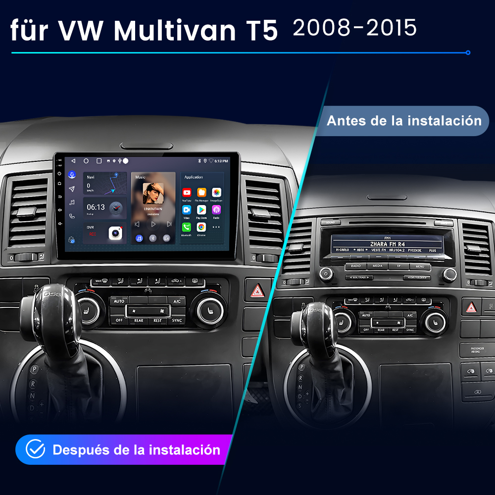 Pantalla de radio del coche antes y después de la instalación. Muestra una comparación del salpicadero. Interior del coche.