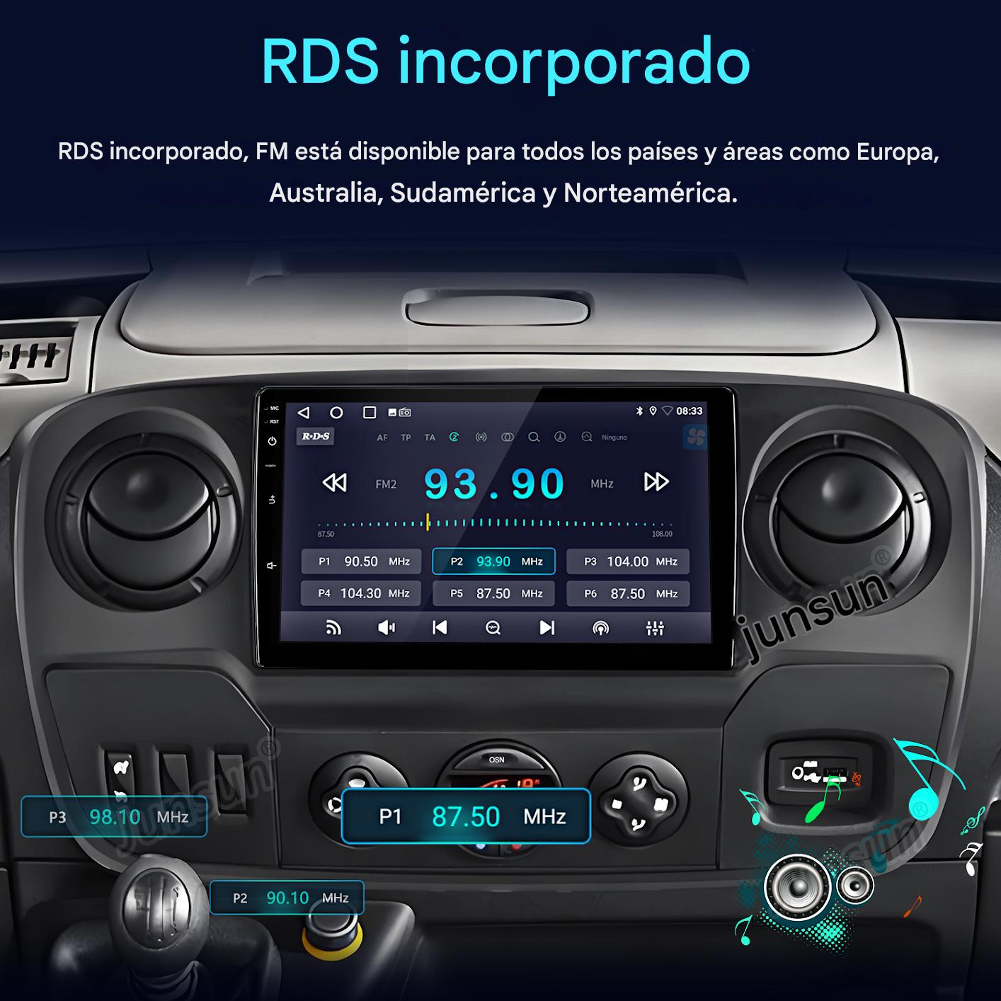 Pantalla de radio del coche mostrando información. Botones y mandos rodean la pantalla. Fondo es un salpicadero de coche.