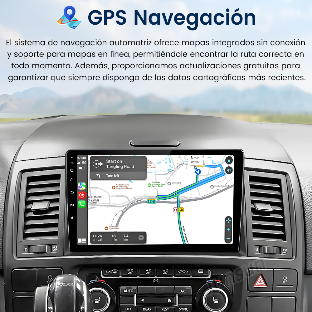 Pantalla de radio del coche mostrando un mapa de navegación. Botones e interior del coche visibles. Fondo es un salpicadero.