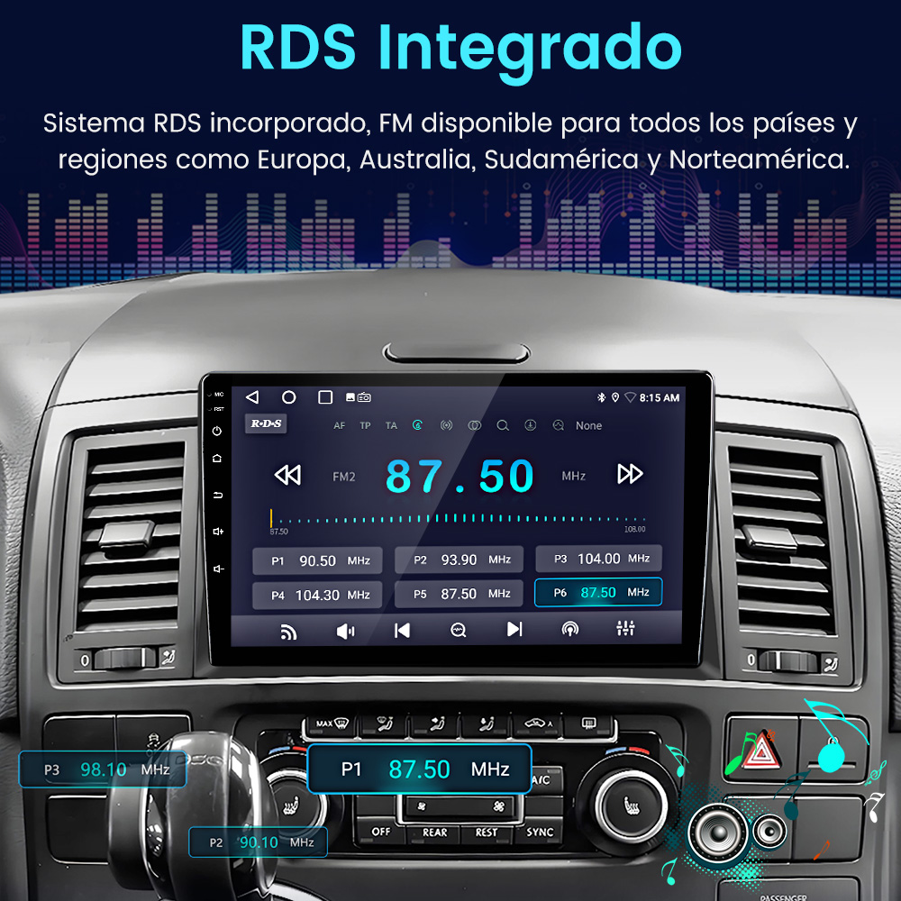 Pantalla de radio del coche mostrando información. Botones y mandos rodean la pantalla. Fondo es un salpicadero de coche.