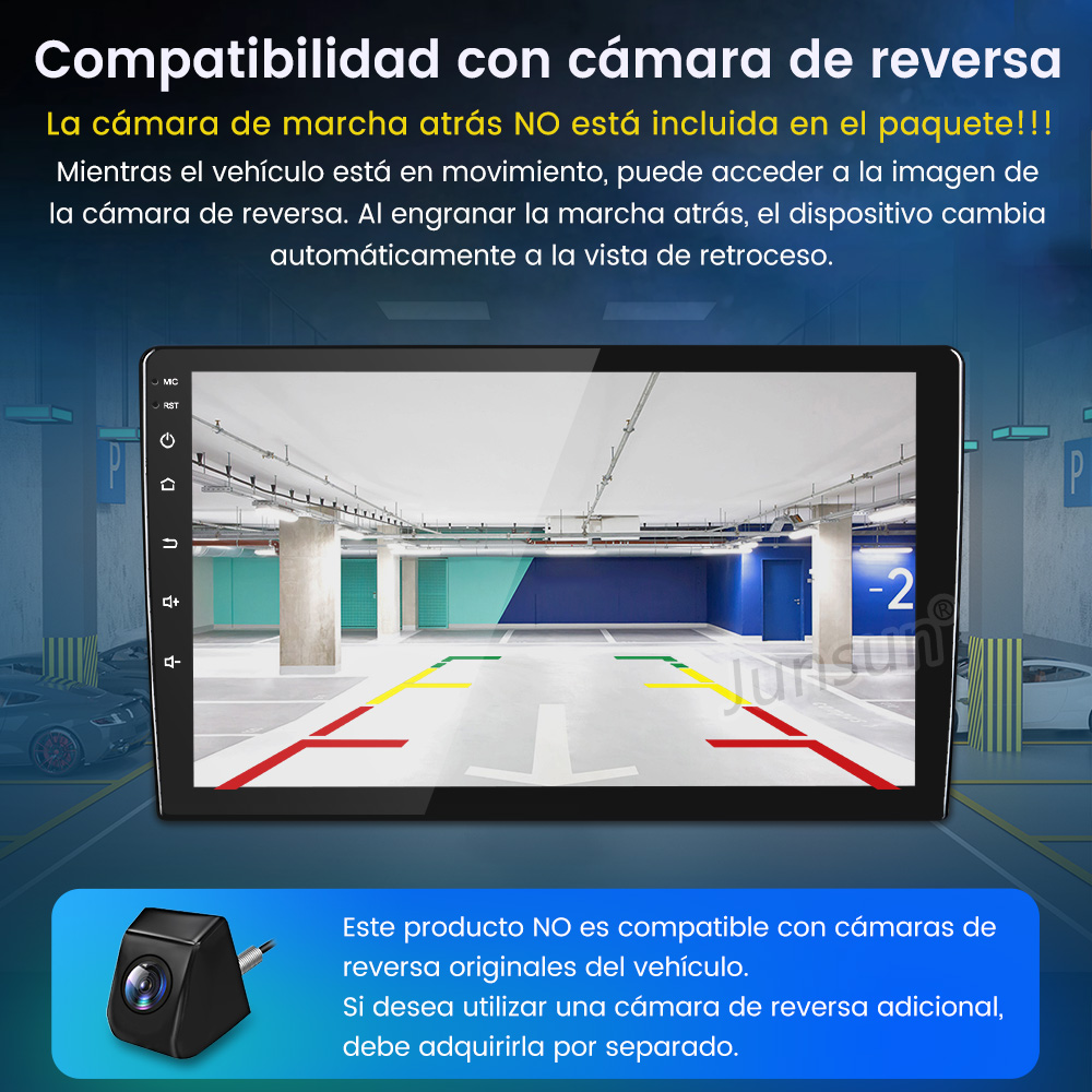 La pantalla del coche muestra una vista del garaje. Una pequeña cámara está en la parte inferior izquierda. Texto arriba.
