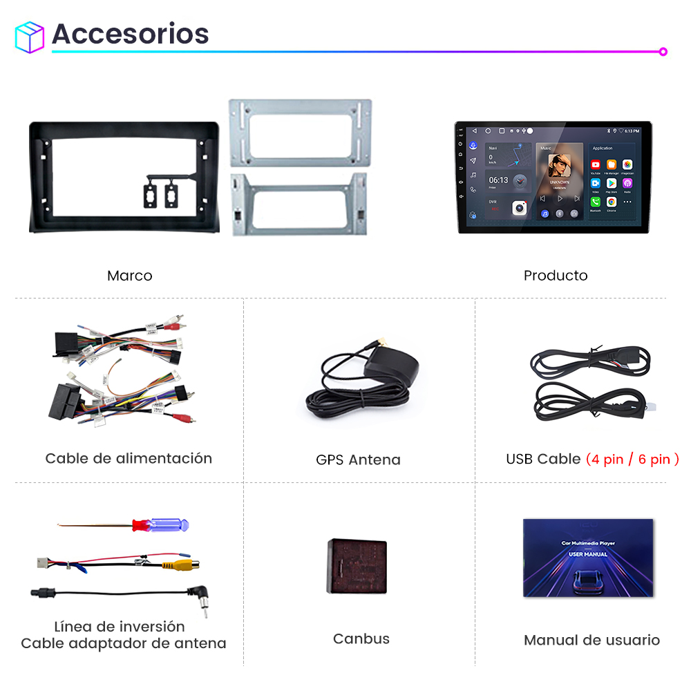 Accesorios para una radio de coche. Incluye un marco, una pantalla, cables, un manual y otras piezas de instalación.