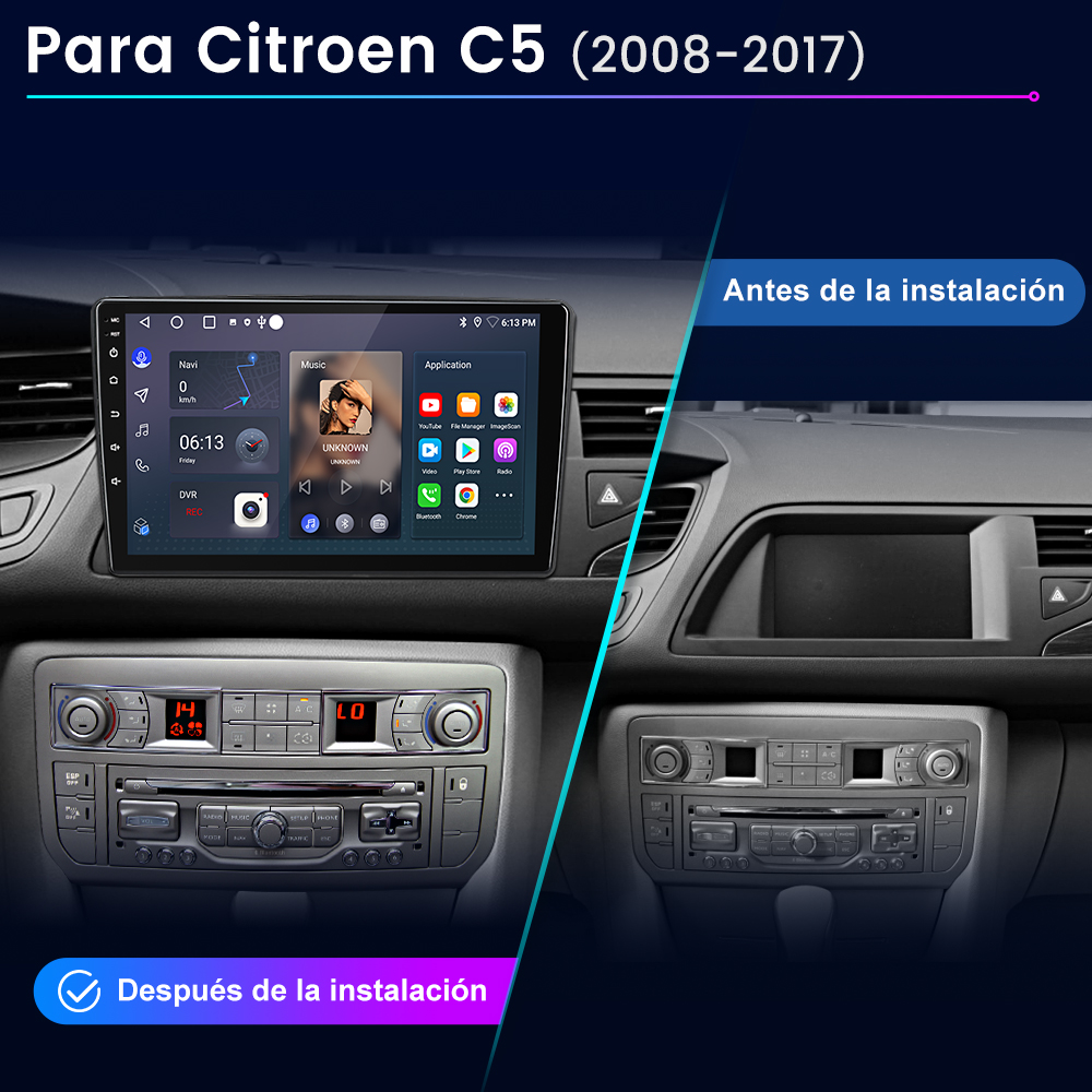 Panel del coche con pantalla de radio antes y después de la instalación. La pantalla muestra una interfaz de música.