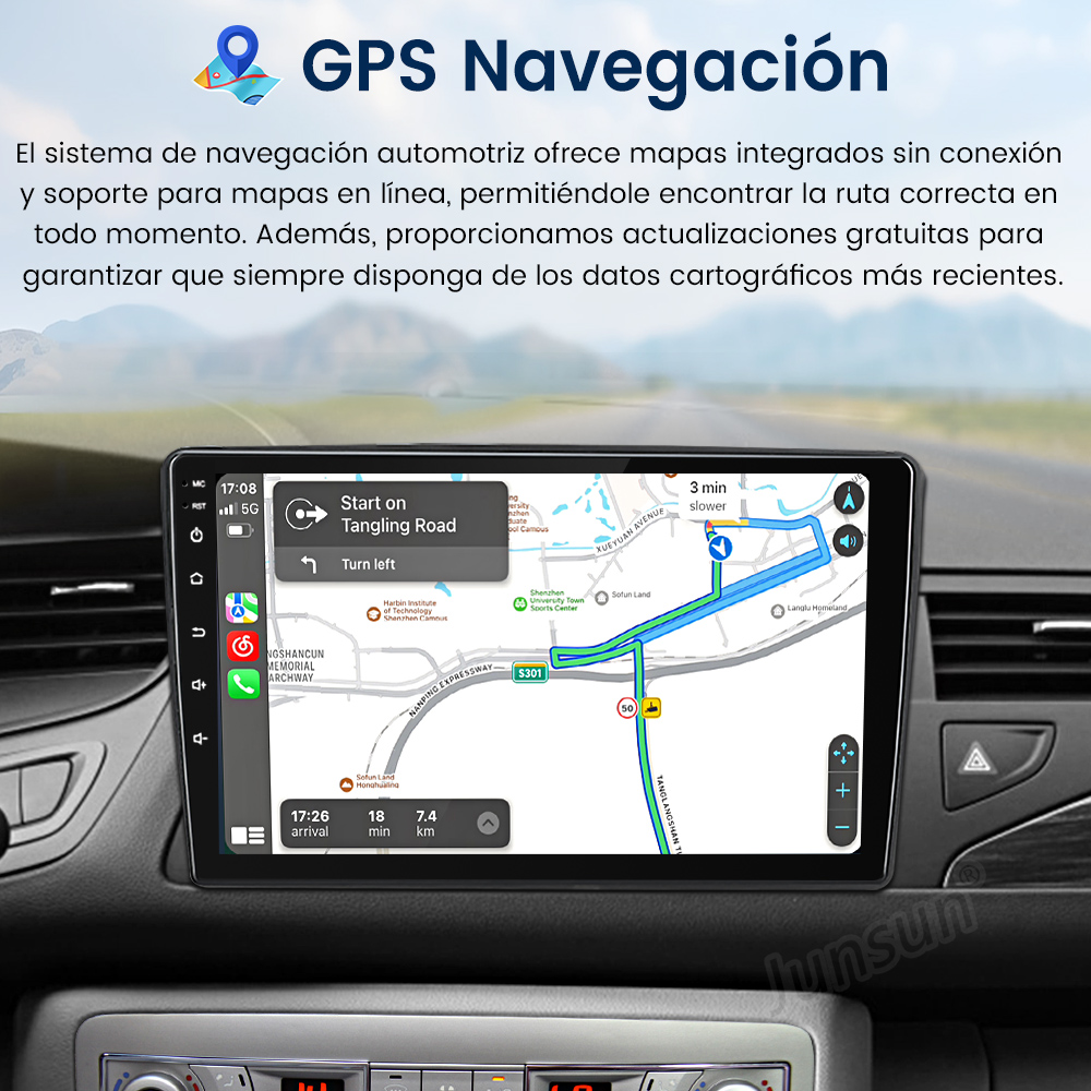 La pantalla del coche muestra un mapa GPS con detalles de navegación. El salpicadero es visible. Texto: Navegación GPS.