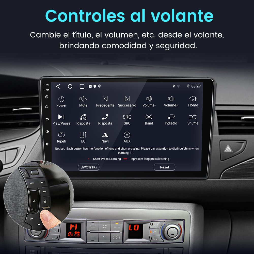La pantalla del coche muestra botones de control. Una mano sostiene un volante. Texto: Control en el volante.