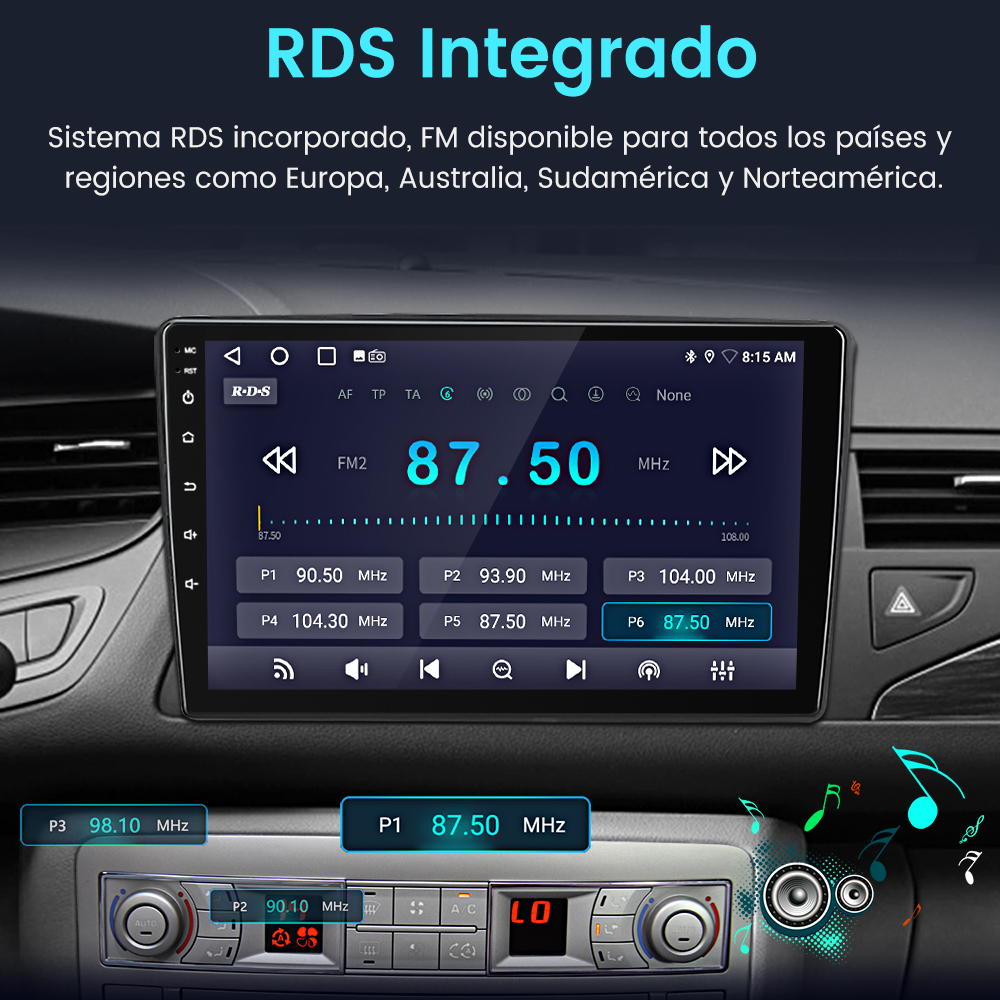 Pantalla del sistema multimedia del coche con visualización de frecuencia de radio y botones de control.