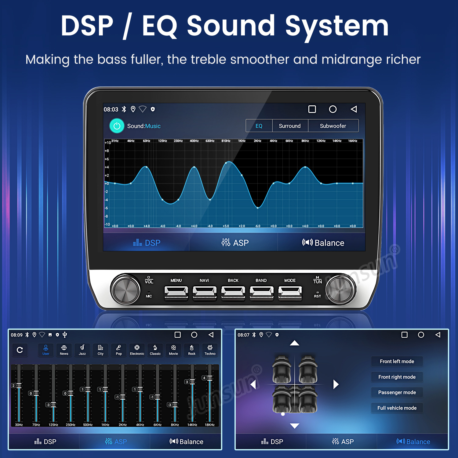 Der Bildschirm des Autos zeigt Toneinstellungen mit EQ-, Surround- und Subwoofer-Anpassungen. Zeigt zwei zusätzliche Bildschirme.