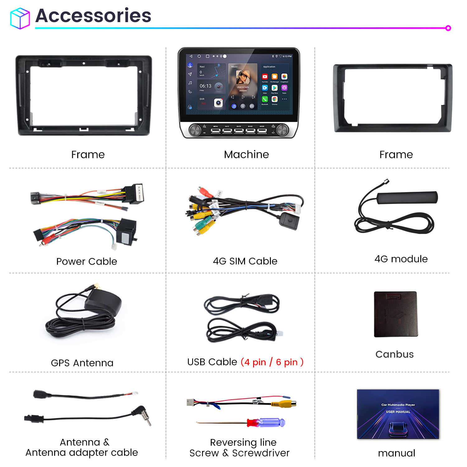 Accesorios para un sistema estéreo de coche, incluyendo marcos, cables y antena. Mostrado sobre un fondo azul.