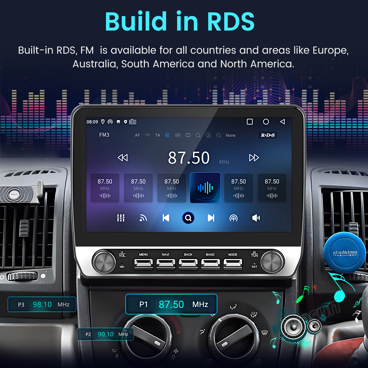 Pantalla de radio del coche mostrando información. Botones y mandos rodean la pantalla. Fondo es un salpicadero de coche.