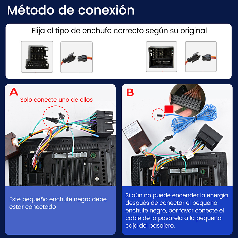 Diagrama que muestra cómo conectar los enchufes del estéreo del coche. El diagrama muestra diferentes tipos de enchufes y conexiones.