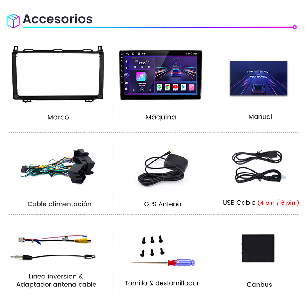 Accesorios para un sistema estéreo de coche, incluyendo marcos, cables y antena. Mostrado sobre un fondo azul.