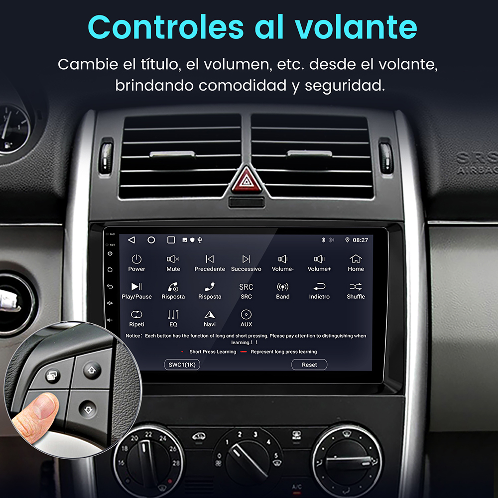 Pantalla de radio de coche mostrando ajustes. Una mano pulsa un botón en el volante. El fondo es un interior de coche.