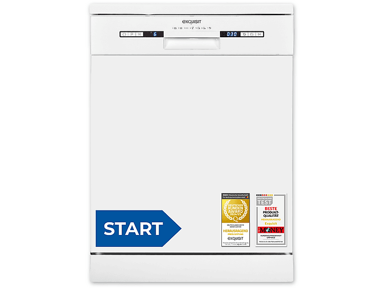 EXQUISIT GSP9313-030E weiss Geschirrspüler (Freistehend mit Unterbaumöglichkeit (Besteckkorb, 598 mm breit, 49 dB (A), E)