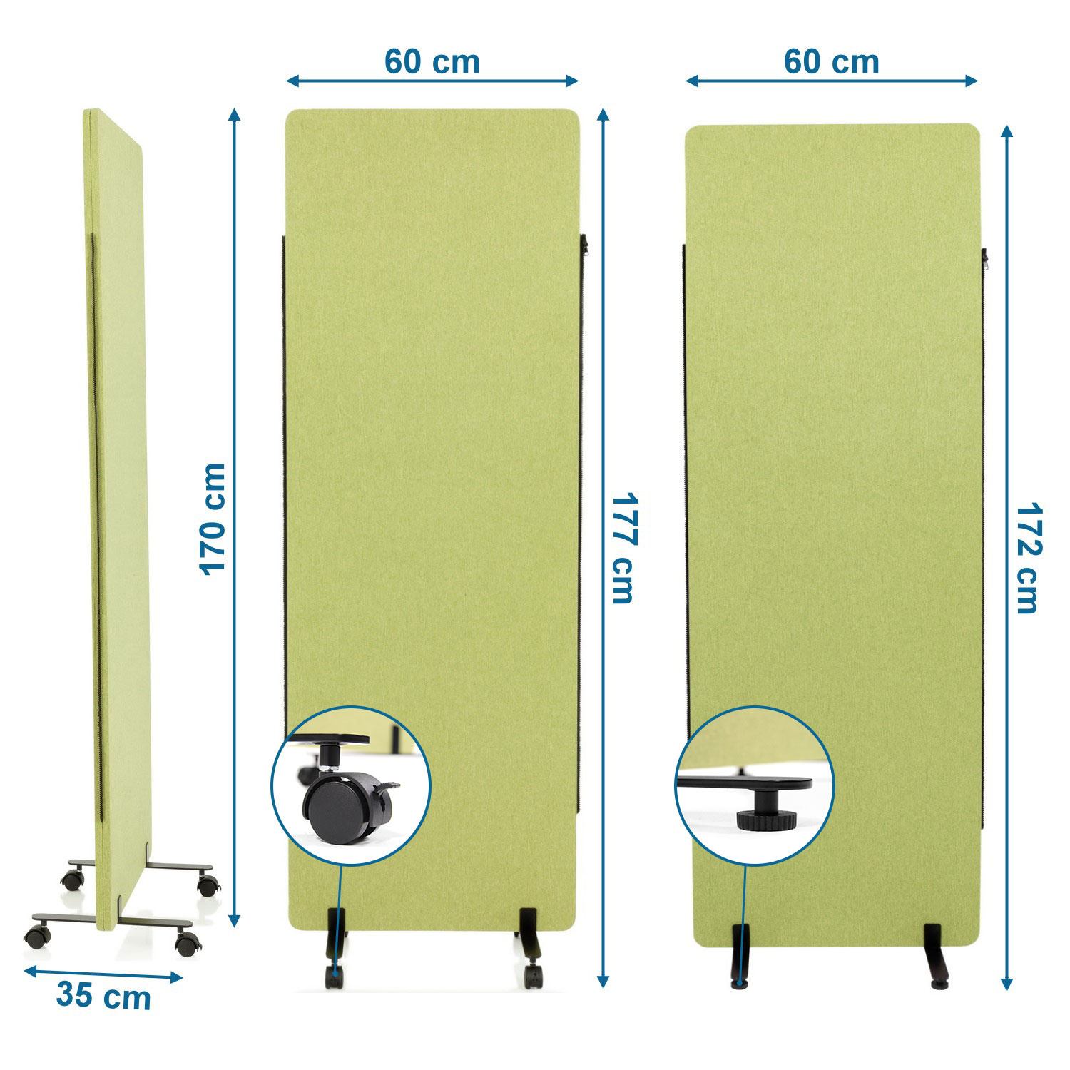 Ein Diagramm mit den Abmessungen einer hellgrünen Trennwand mit Rädern und einer schwarzen Metallstütze.