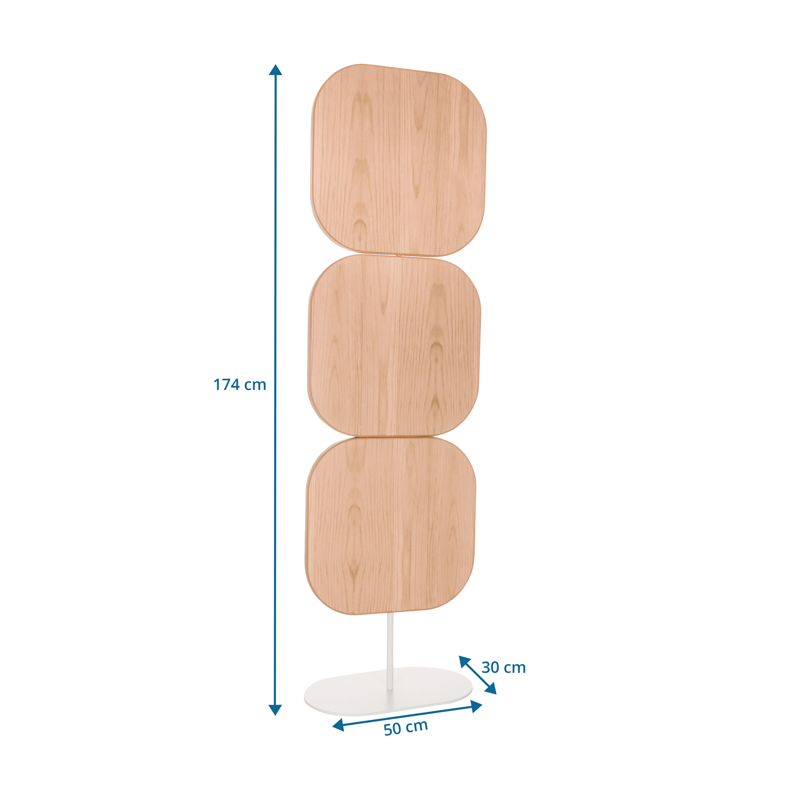 Holz-Raumteiler mit drei Paneelen. Maße: 174 cm hoch, 50 cm breit und 30 cm tief.