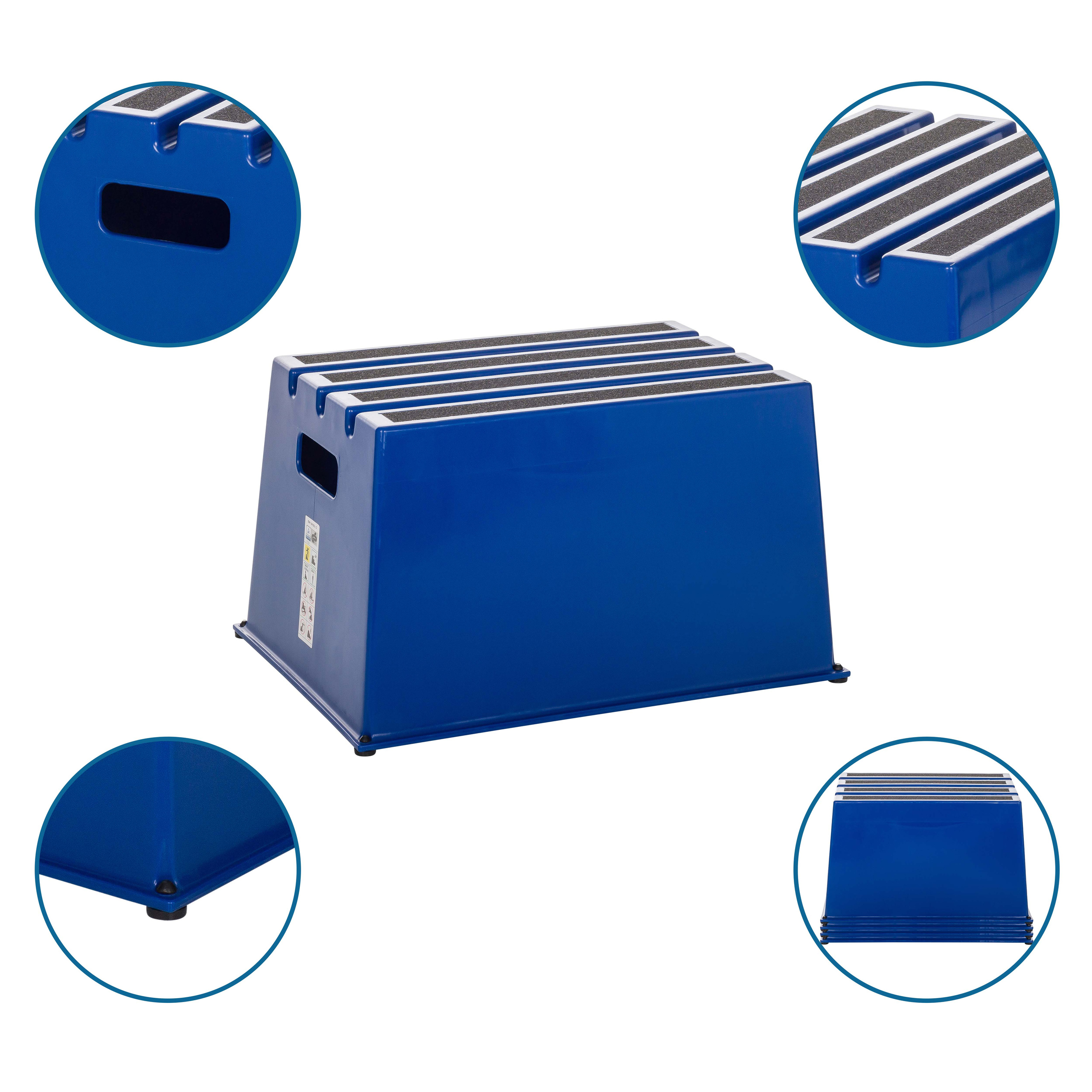 Blauer Trittschemel mit schwarzen rutschfesten Tritten. Details zeigen Griff, Trittfläche und Basis.