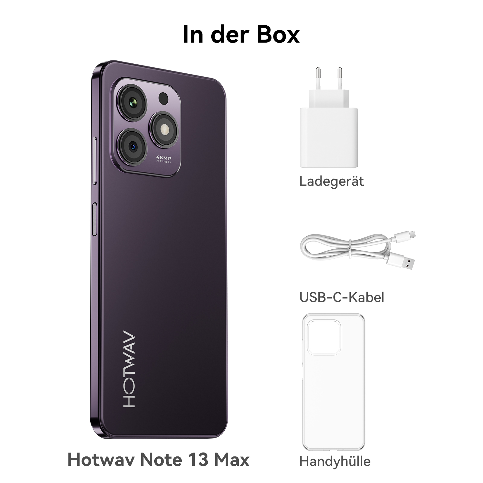 Smartphone-Box-Inhalt: Telefon, Ladegerät, USB-Kabel und eine Handyhülle, mit 'Hotwav Note 13 Max' auf dem Telefon.