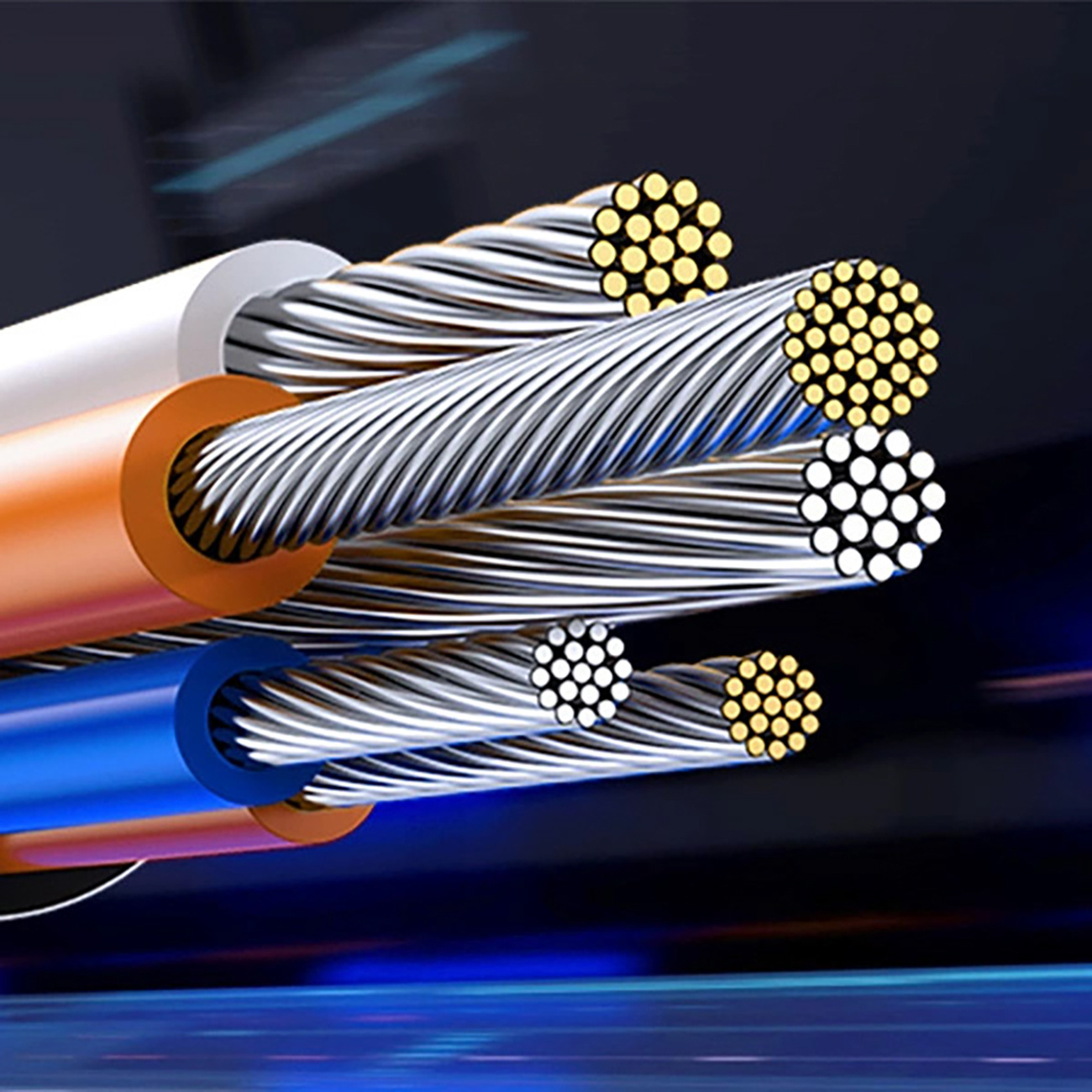 Przekrój kabla, pokazujący warstwy i wewnętrzne przewody.