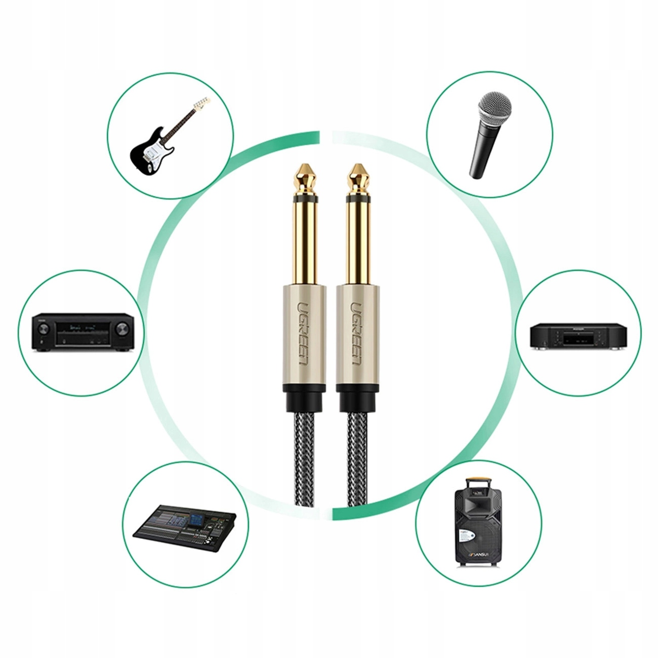 Dwa złote kable audio z logo UGREEN, otoczone ilustracjami sprzętu muzycznego.