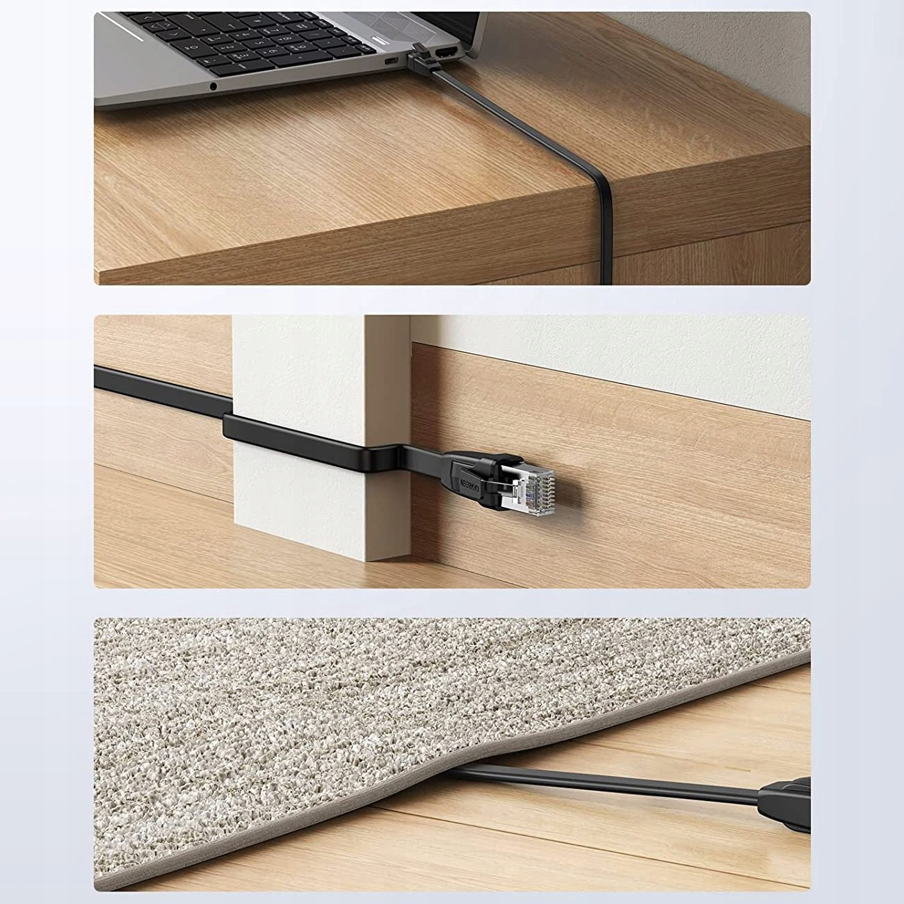 Trzy obrazy przedstawiające czarny kabel Ethernet używany w różnych ustawieniach, na białym tle.