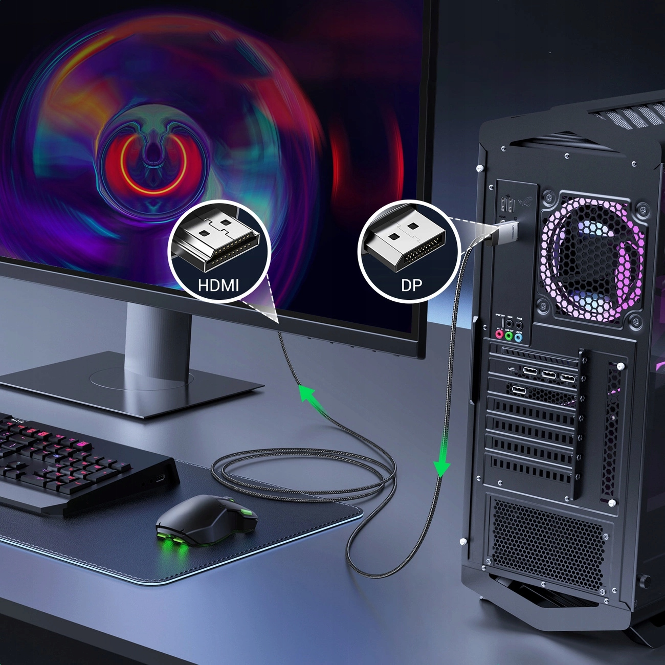 Monitor, mysz i klawiatura są podłączone do komputera za pomocą kabli HDMI i DP.