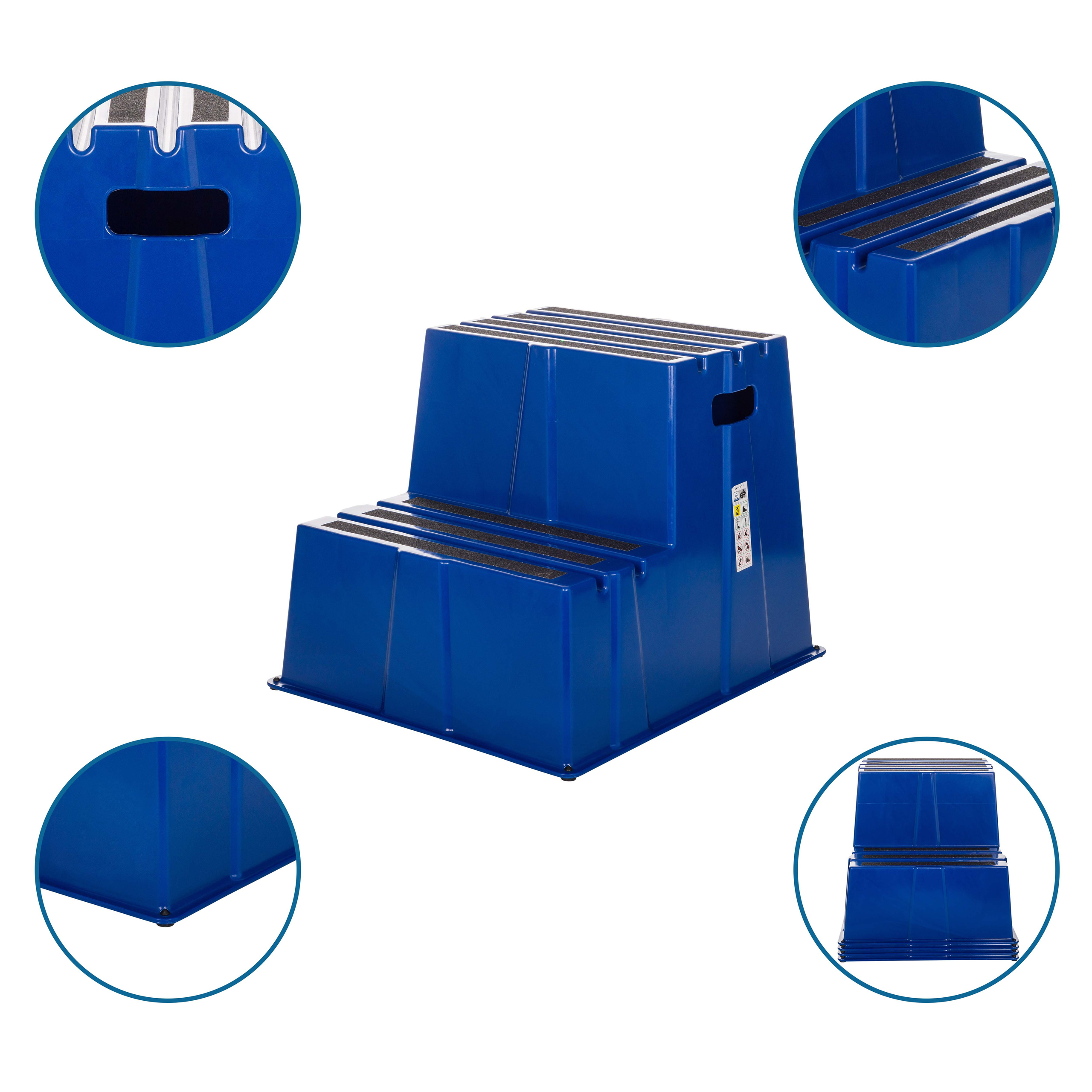 Ein blauer zweistufiger Hocker mit schwarzen Trittflächen, aus verschiedenen Winkeln gezeigt.